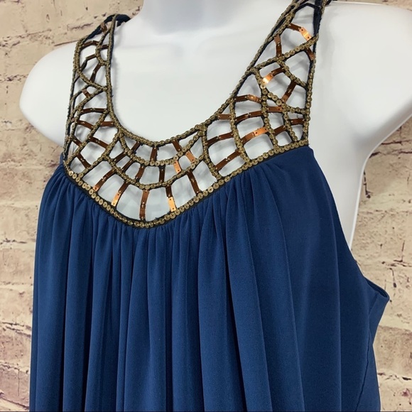 BCBGMAXAZRIA Blue Sequin Embellished Cut Out Neck Sleeveless Mini Dress - Picture 3 of 14